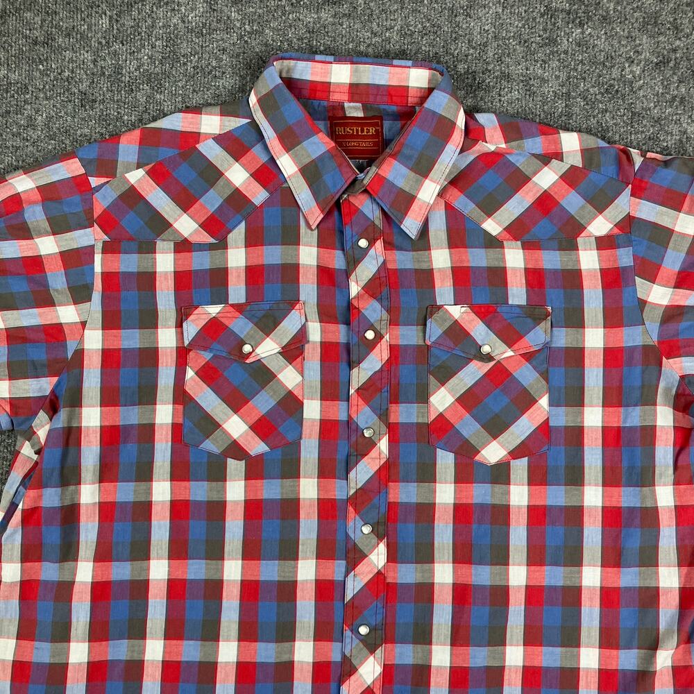 Rustler Western Shirt Mens 2XL Red Blue Plaid Short Sleeve Pearl‎ Snap